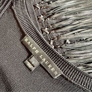 Ralph Lauren Black Lamb Leather-Fringe Silk Knit Sheath Dress